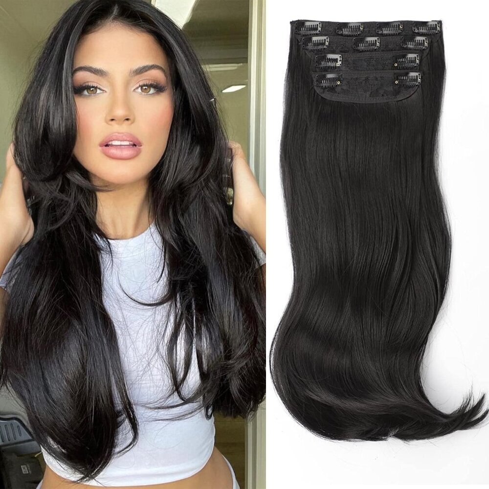 Hair Extensions Synthetic Black 20 Inch Layered Clip In Long Natural Style